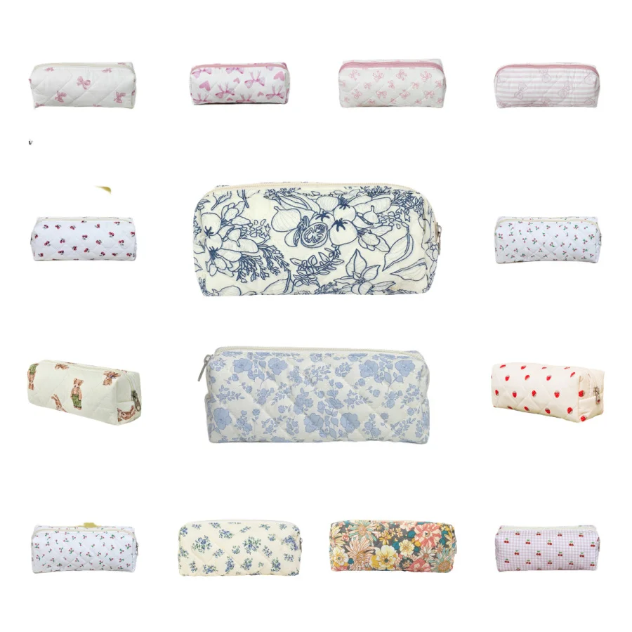 LG Cherry Strawberry Print Pencil Case Ins Style Quilted Makeup Bag for Girls, Large Capacity Portable Stationery Storage Bag fo