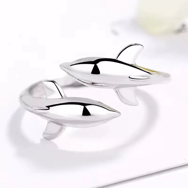 

Withered S925 Pure Silver Double Dolphin Fish Open Ring Fashion Women's Simple Food Ring
