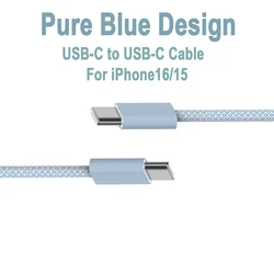 Pure Blue Nylon Braided USB-C to USB-C Fast Charging Cable for iPhone16/15, Samsung S24, iPad Pro, Macbook Air/Pro, Max PD60W.