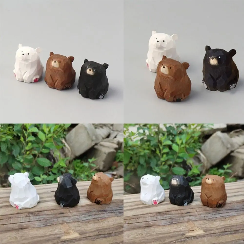 Animal Sculptures Solid Wood Wooden Bear Figurines Hand Carved Cute Polar Bear Ornament Funny Miniature Mini Bear Statue Balcony