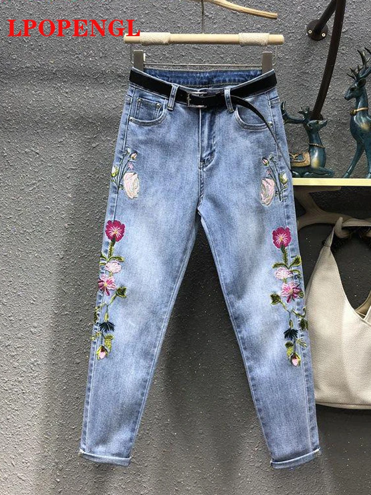 Jean Vintage Brodé de Fleurs pour Femme, Pantalon en Denim, Longueur de Rinçage, Sarouel Décontracté, Nouvelle Collection 2023