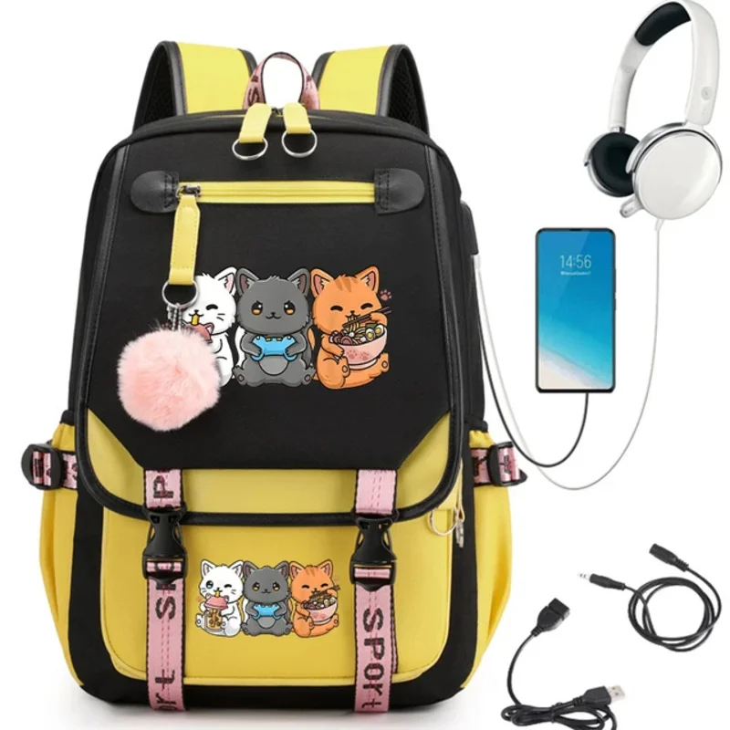 Рюкзак сумка для девочек-подростков Boba cat bubble tea мультяшный детский kawaii USB зарядка школьный портфель с анимэ