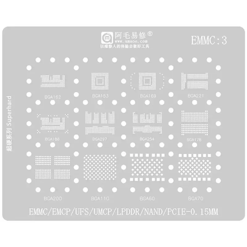 AMAOE EMMC3 BGA Reballing Stencil for Android Nand Flash EMMC EMCP UFS LPDDR PCIE 153 162 169 200 221 254 60 70 186 200 Tin Net