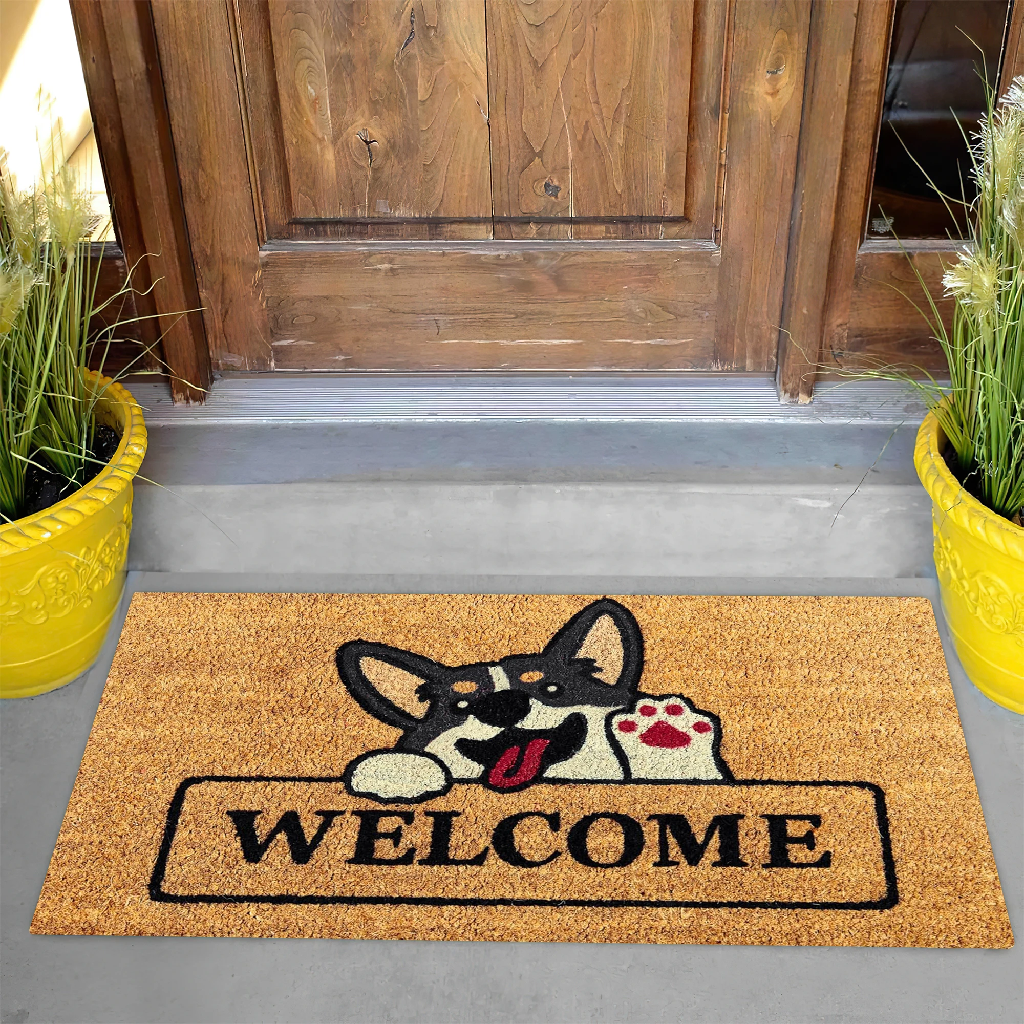 Cute Corgi Welcome Doormat Non-Slip Rubber Entryway Floor Mat Non-Woven Entry Porch Mat Entrance Rug for Home Decor