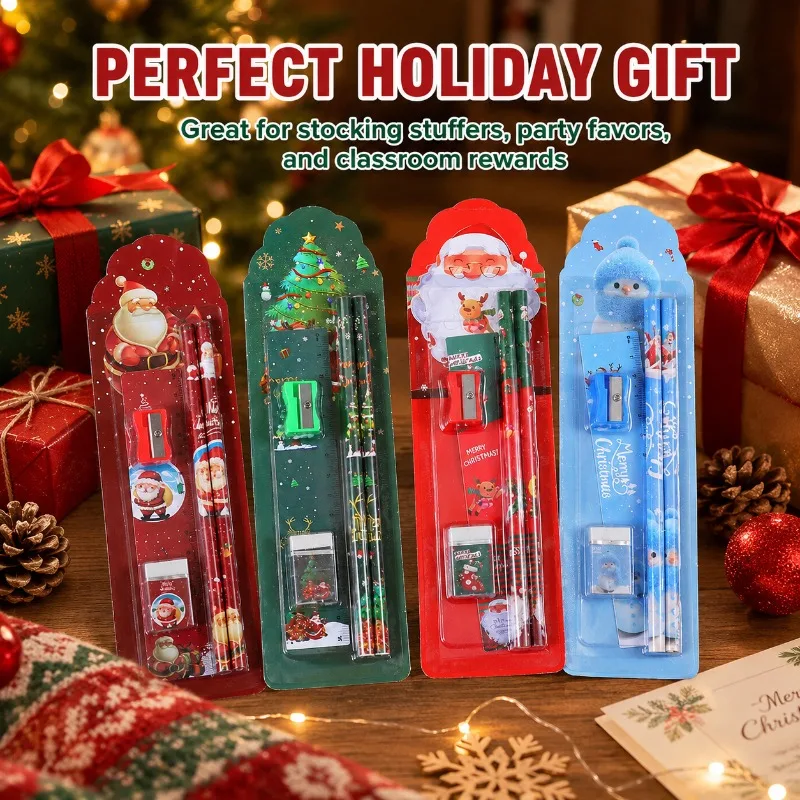 8/4 Sets of Randomly Assorted Styles of Christmas Stationery Sets, Including 4 Types of Holiday-Themed School Supplies Packs, Which Contain Pencils, Rulers, Sharpeners, and Erasers, Suitable for Christmas Party Gifts,