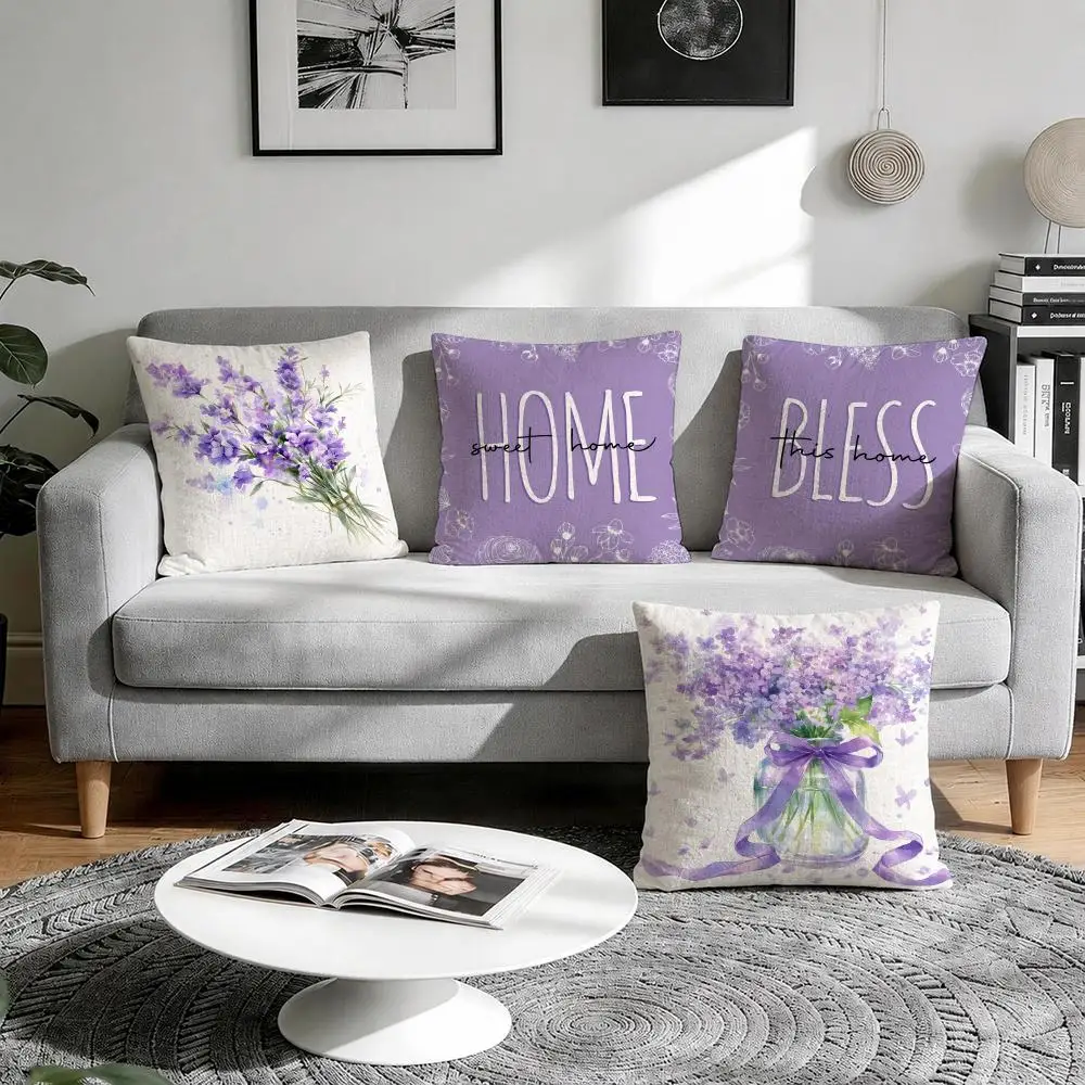 Purple Sweet Home Script Cushion Cover Natural Breathable Durable Linen Printed Decor Pillow Case Sofa Bedroom