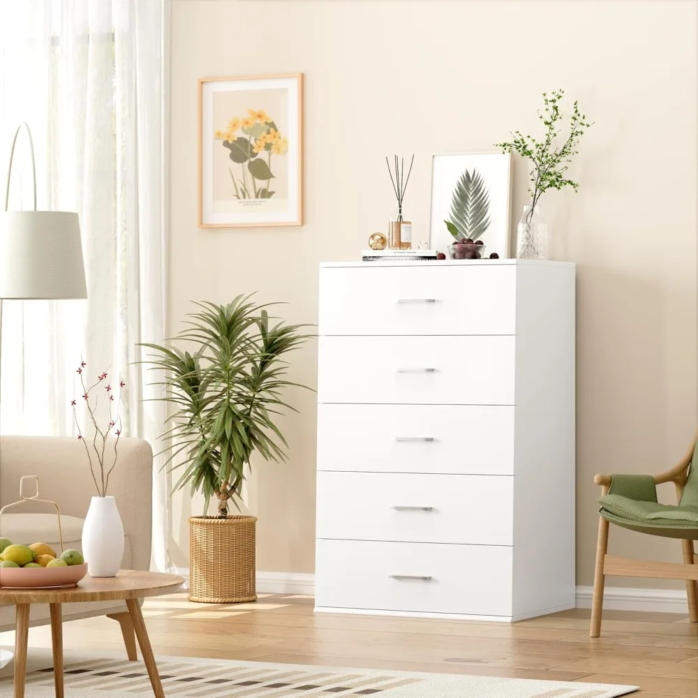 5 Drawer Dresser Chest, Tall Dresser Storage Tower with Metal Handles, White Storage Cabinet for Living Room, Kitchen, Entryway