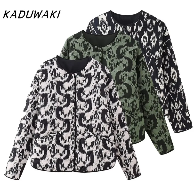 

KADUWAKI American Retro Y2K Winter Print Cotton Coat Woman Single Breasted Quilted Jacket O-Neck Open Front High Street Outcoat