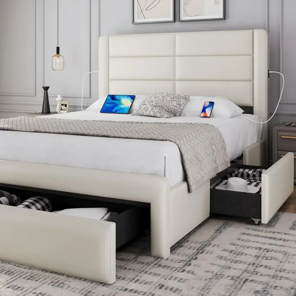 

Queen Size Bed Frame with 2 USB Charging Station/Port for Type A&Type C/3 Storage Drawers, Leather Upholstered Platform Bed