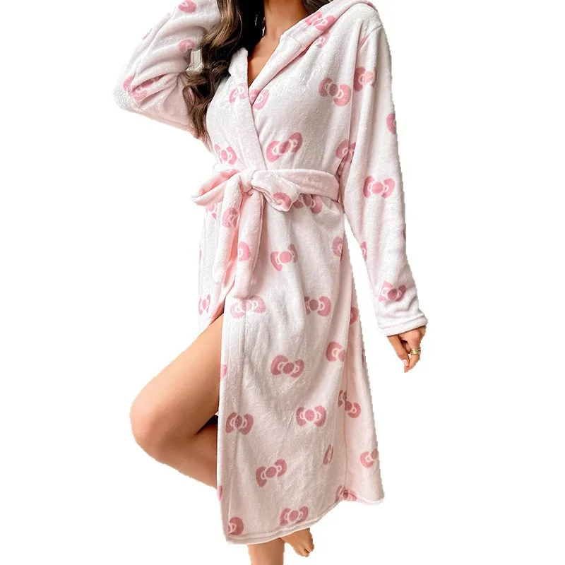 

Новый осенне-зимний утолщенный фланелевой халат с бантом и принтом, удлиненная женская ночная рубашка, одежда для дома