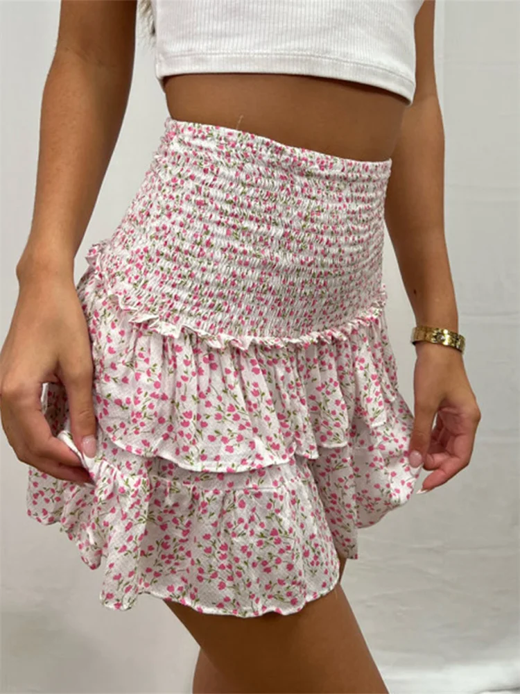 Women's Mini A-Line Skirt Solid Color High Waist Tiered Ruffled Flowy Short Skirt Summer Streetwear