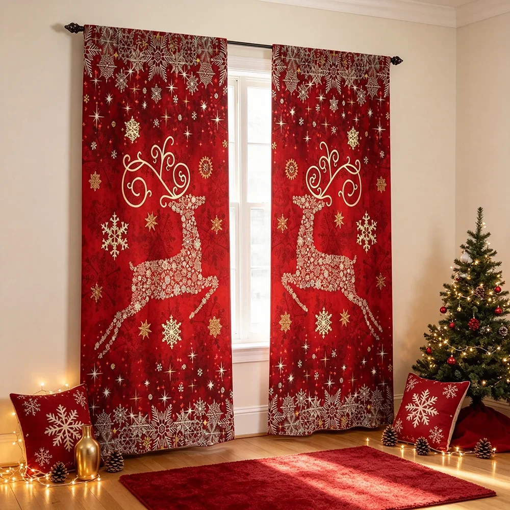 Luxury Christmas Red Deer Curtain Pair Festive Holiday Window Drapes for Living Room Home Decor