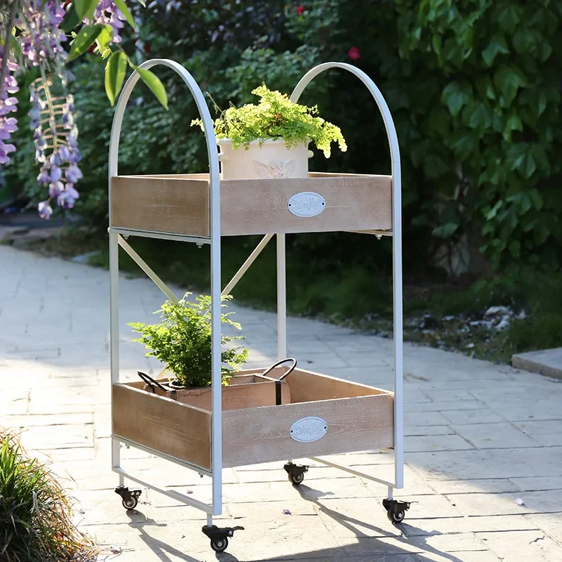 Balcony flower stand outdoor preservative wood wrought iron float outdoor courtyard garden succulent flower pot stand floor stan