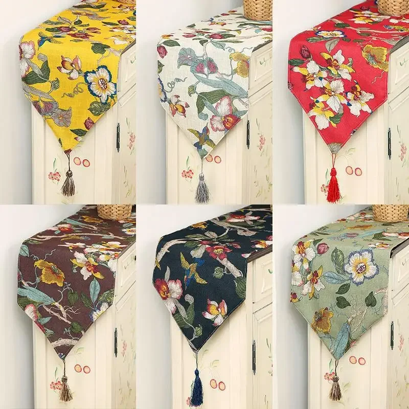 Flower  Bird Patterned Table Flag Exquisite Tassel Ball Pendant Tablecloth Coffee Table Restaurant Family Banquet Decoration