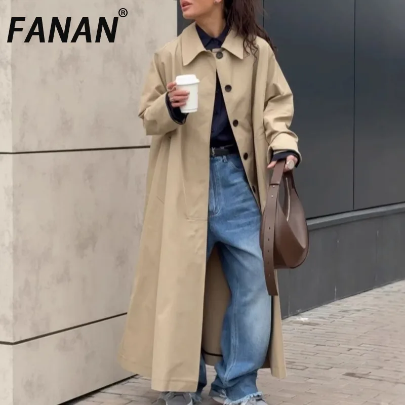 

FANAN Minimalism Solid Trench For Women Lapel Single Breasted Office Lady Temperament Windbreaker Female Coats 2025 Spring New