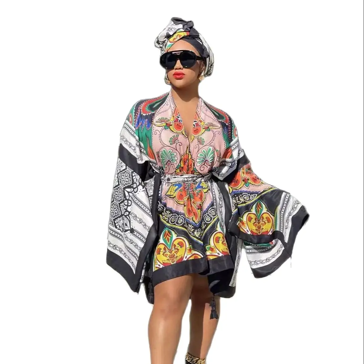 

Summer African Women Fashion Printed Short Kimonos Sexy Lady Beach Bikini Cover Up Muslim Vacation Loose Hijab Cardigans