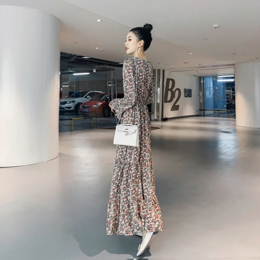 

【New style】Dress women's medium long spring dress medium long dress chrysanthemum medium long floral chiffon autumn and winter