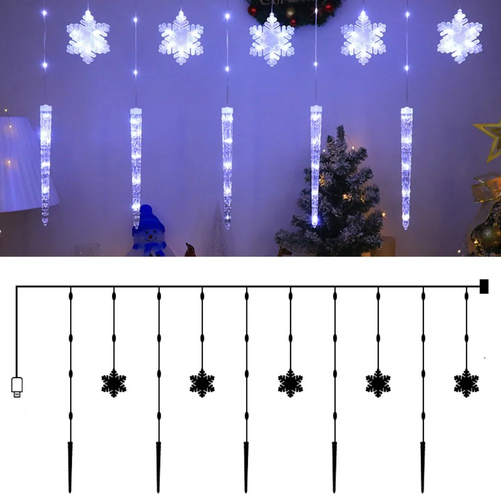 Icicle and Snowflake Shapes Christmas LED Curtain Lights Waterproof Romantic Xmas String Lights USB Powered Durable Wiring
