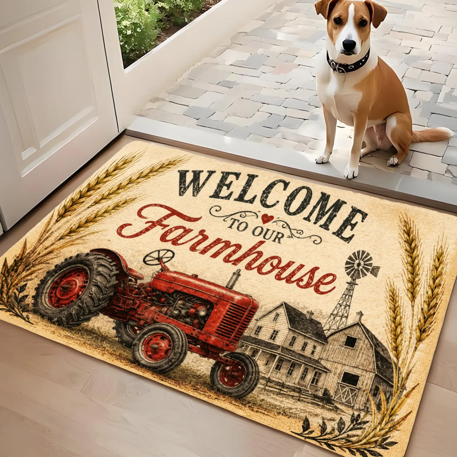 3PCS Kitchen Rugs,Home Decoration for Front Door, Kitchen, Bathroom, Welcome To Our Farmhouse Red Tractor Barn Wheat Dining Mat