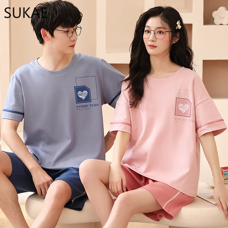 Sukae verão algodão shorts casal pijamas bonito pijama coreano conjunto para homem moda na moda mulher pijamas casuais