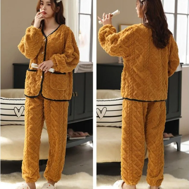 2023 New Winter Pajamas Female Coral Fleece Cardigan Loungewear Simple Solid Color Thick Warm Suit Jacquard Plush Warm Homewear