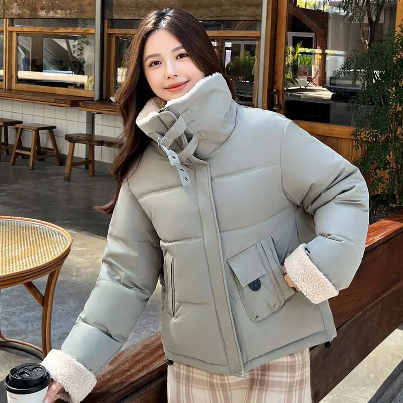 2026 Fashion Women Winter Jacket Faux Lamb Wool Splicing Puffer Outerwear Korean Street Thick Warm Stand Collar Down Cotton Coat