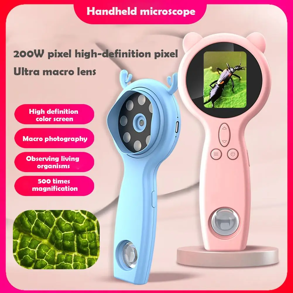 Kids Handheld Microscope 500X Magnification 2.0 Inch IPS Screen Portable Science Learning Toy For Outdoor Nature Exploration