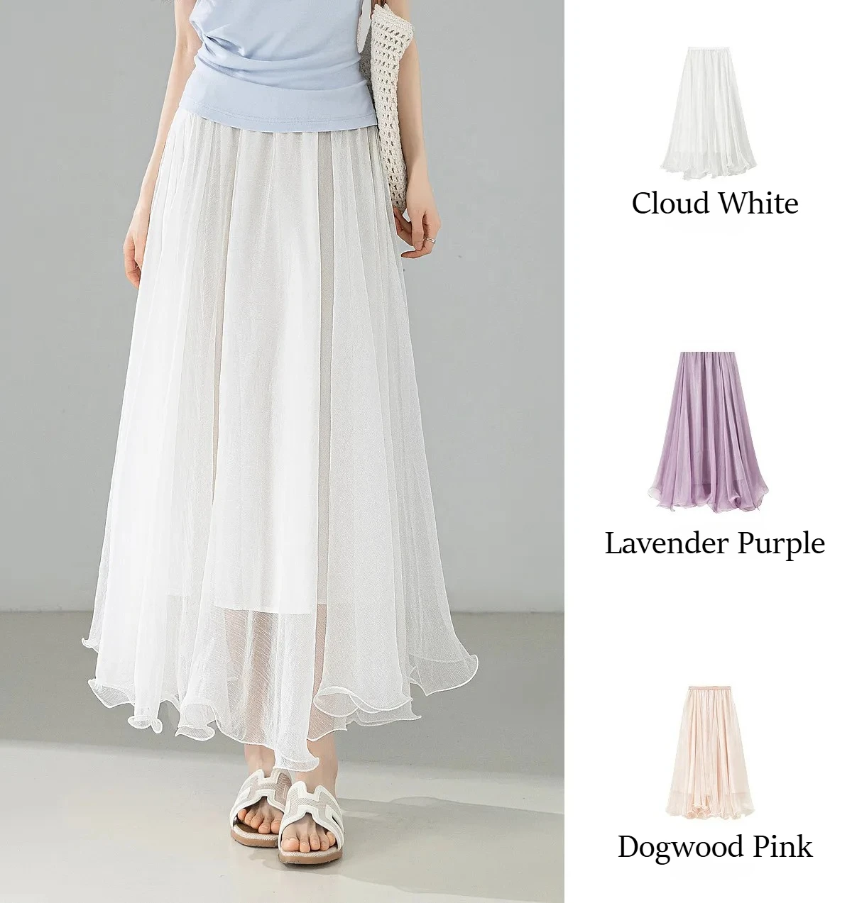 SENTUBILA Eleganter Hochgeschnittener Schimmernder Chiffon A-Linien-Rock 2026 Sommer Weißer Netzrock mit Elastischem Bund Damen-Unterteil W62QG7415 – Detail 6