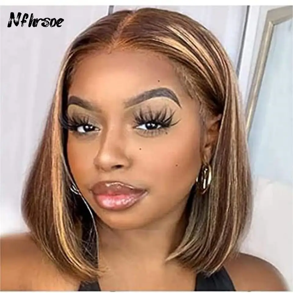 

Короткий прямой парик боб светло-коричневого цвета для косплея, 200% плотность, прозрачный HD-кружевной фронтальный парик из бразильских окрашенных человеческих волос