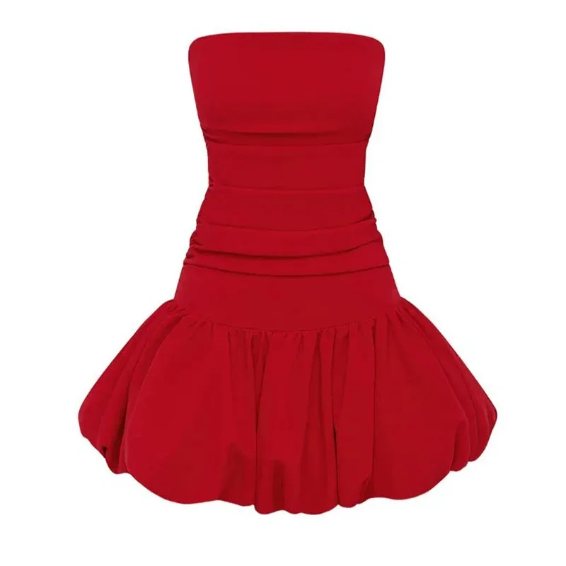 

2025 European and American spring socialite style sexy slim fit strapless bubble sleeves A swing fluffy skirt dress for women