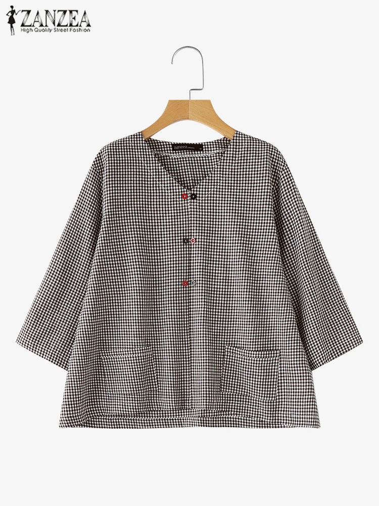 Casual Loose Women Blouse ZANZEA Summer Round Neck Shirt Checked Printed Pocket 3/4 Sleeve Tops Harajuku Simple Blusas