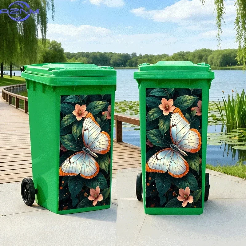 2D Flat Printing 1pc Trash Can Sticker, Colorful Butterfly Perched on Green Leaves Themed Design, Self-Adhesive Wall Decal Wal