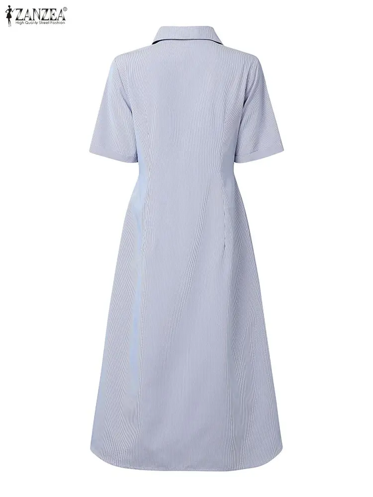 2023 Zomer Gestreepte Jurk ZANZEA Elegante Vrouwen OL Werk Midi Jurken Revers Hals Korte Mouw Vestidos Kantoor Zonnejurk Knop Gewaad