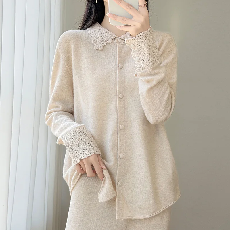 Autumn Women's Cardigan 100% Cashmere Knitted Sweater Chic Tops Cashmere Coat Causal Turn-down Collar Loose Large Size Jacket