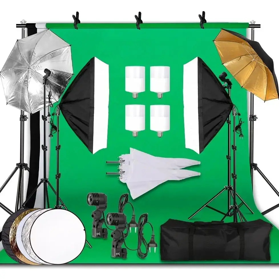 Softbox Lighting Kit With Background Frame Photography Photo Studio kits 3pcs Backdrops Tripod Stand Reflector Board 4 Umbrella