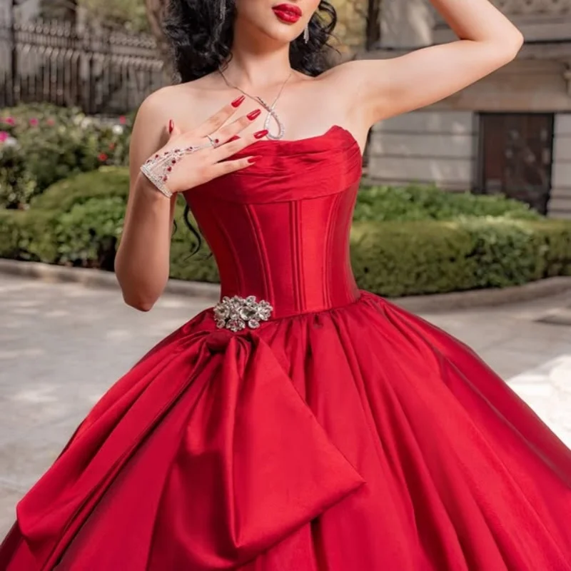 

Satin Red Quinceanera Dress off-shoulder Decal Long tail Bow Vestidos De 15 Quinceanera ﻿Customize