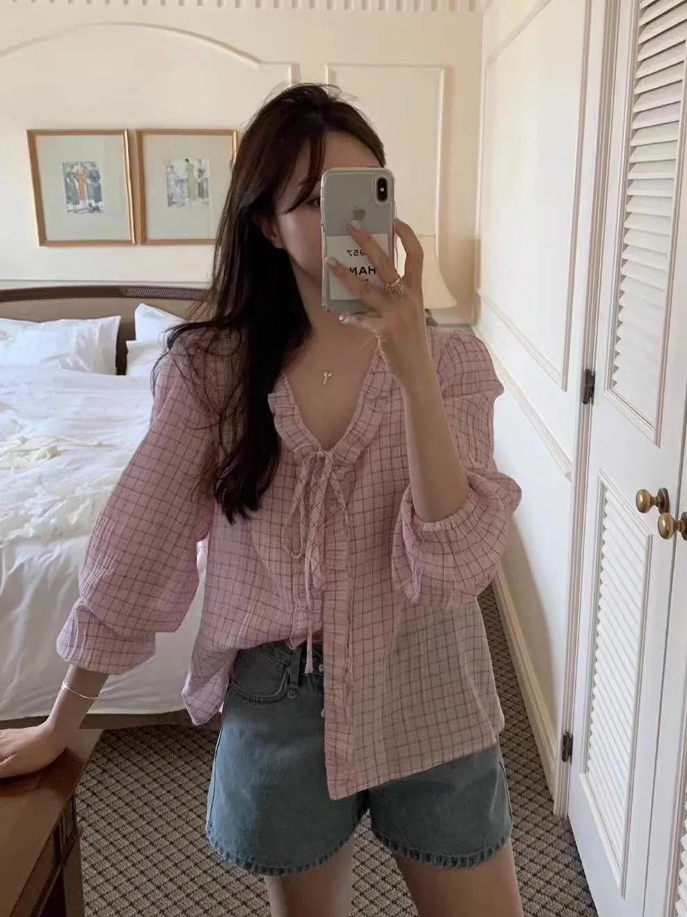 

Защита от солнца Lazy Design Long Sve V Ne Plaid irt, женские свободные хлопковые воланы с поясом, лето 2025 г.