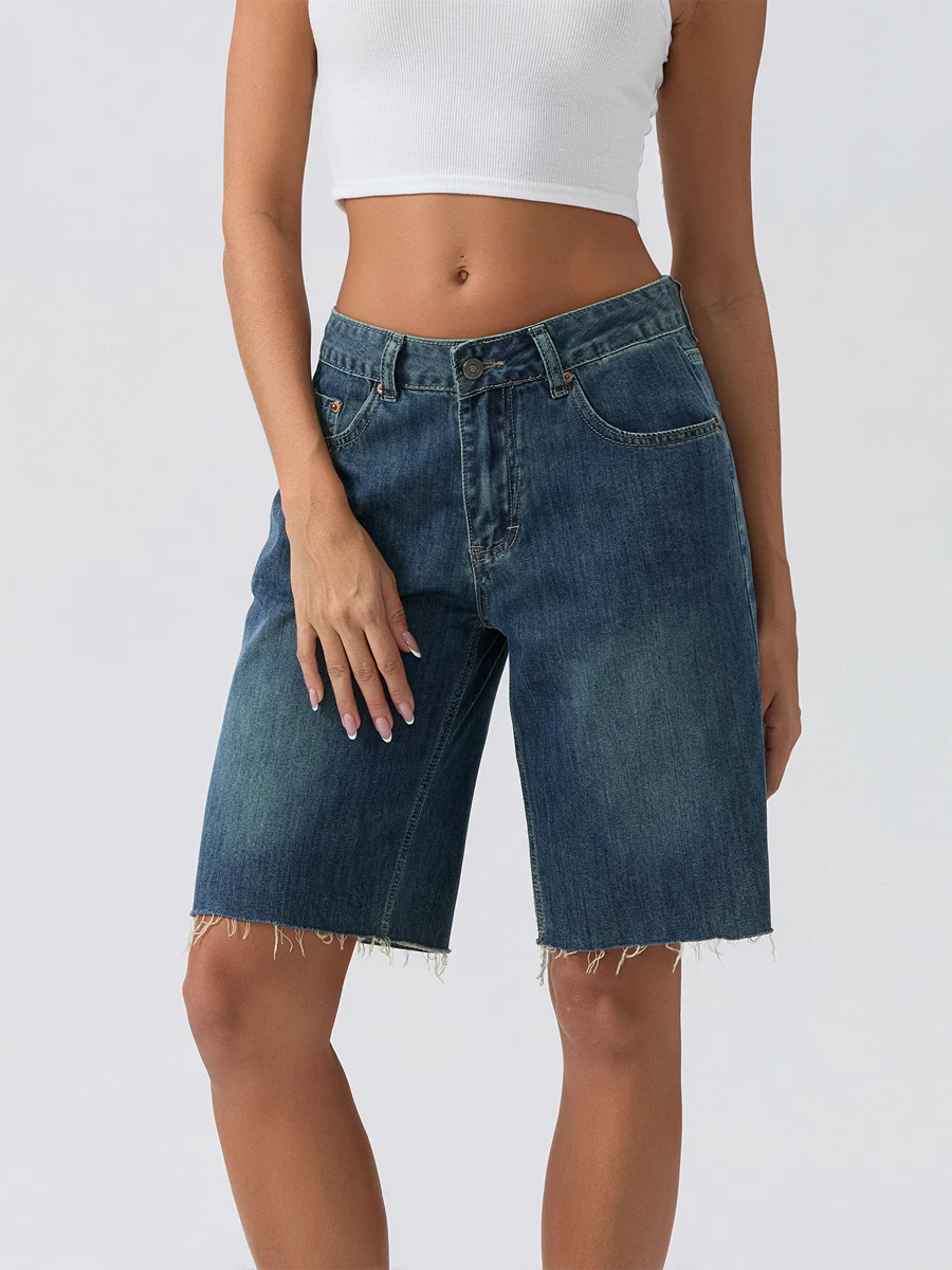 Women Wide-Leg Denim Shorts Solid Color Mid-Rise Retro Jeans Shorts Summer Knee Length Loose Shorts Streetwear