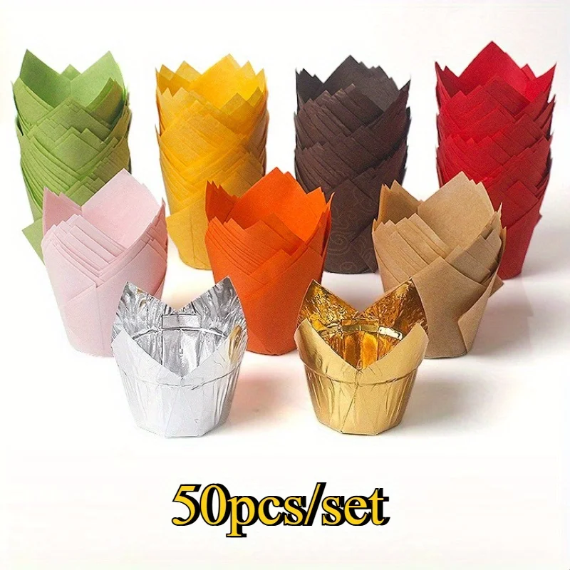 50 Uds., tazas para muffins de tulipán, revestimientos para magdalenas de tulipán, tazas elegantes para hornear fiestas y vacaciones para Navidad, cumpleaños, bodas
