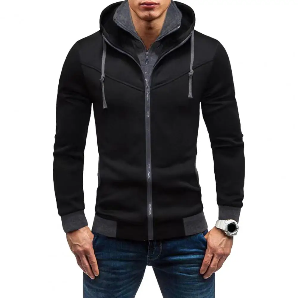 Plus Velvet Thickened Hoodie Men Zip-up Hoodie Men\'s Zipper Closure Hoodie Cardigan with Drawstring Hood Contrast Color for Fall