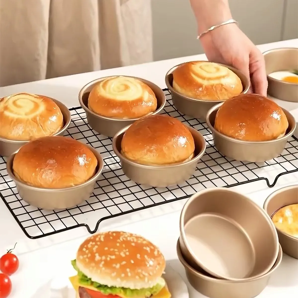 4inch Gold Non-Stick Hamburger Mold Mini Hot Dog Bun Cheese Cake Mold Tool Round 4Pcs