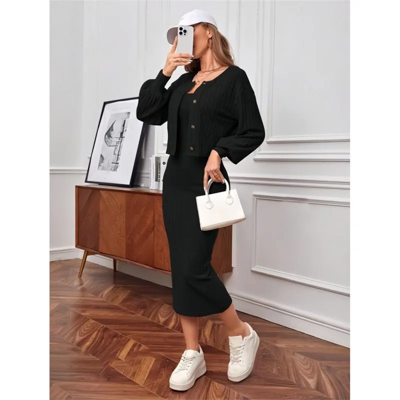 فستان بحمالات نحيف عصري لعام 2025 + سترة مكونة من قطعتين للنساء للخريف غير رسمية بلون سادة على شكل الورك فستان منزلي للنساء #3