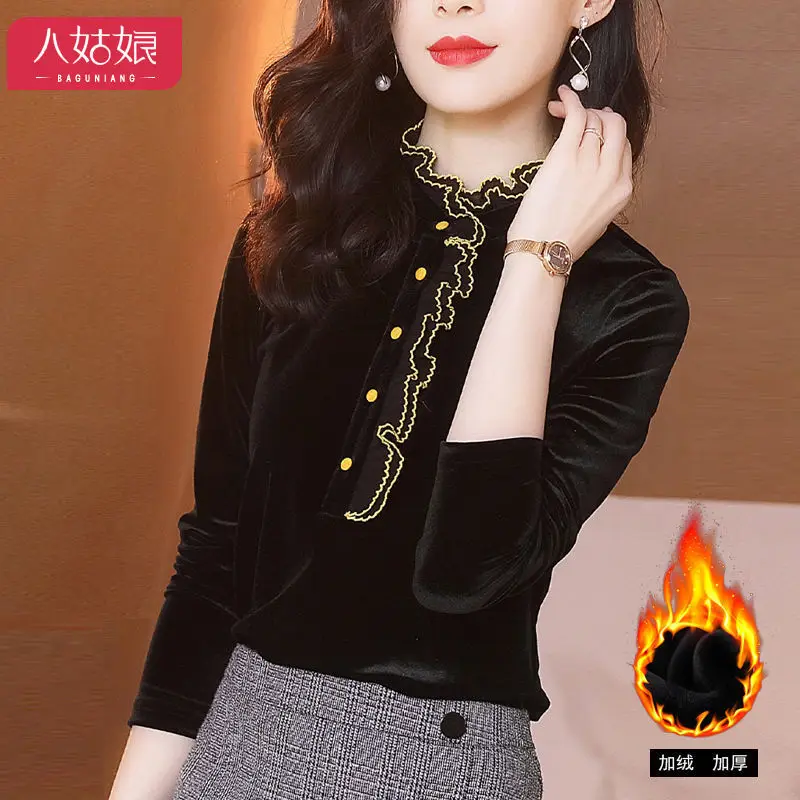 Gold Velvet Slimming Women\'s Long Sleeve Spring and Autumn New Fashionable Black Fungus Edge Inner Top with Velvet T-shirt Base