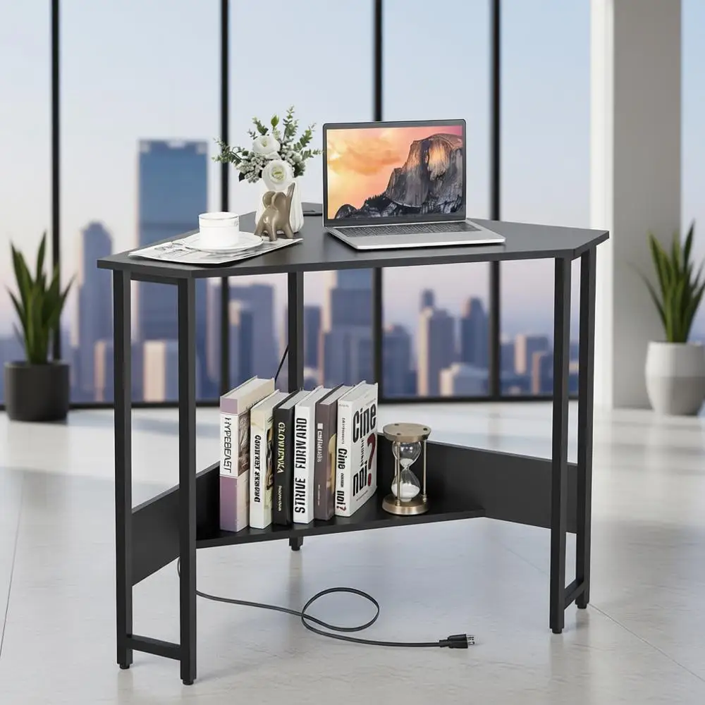 

Компактный черный компьютерный стол с розеткой, USB-портами, полкой для хранения и зарядной станцией для небольших помещений