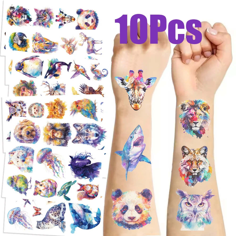 

@10Pcs Sheets Cartoon Watercolor Animal Tattoo Stickers Wolf Tiger Shark Bird Pattern Party Decoration Temporary fun Tattoo Stic