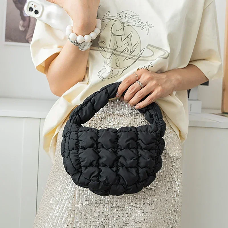 

Mini Puffer Tote Bag Soft Nylon Padded Key Pouch Fashion Quilted Circle Phone Purse Elegant Purple Simple Trend Handbag