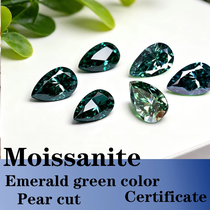 

Pear Cut Emerald Green Color Moissanite Synthetic Gemstone with Certificate DIY Jewelry