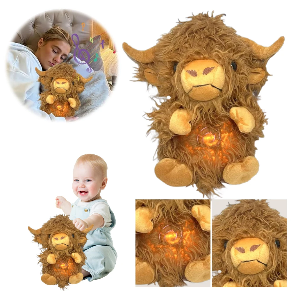 Breathing Highland Cow Toy with Music Lights & Rhythmic Breathing Motion Highland Cow Sleep Buddy Anxiety Relief for Boys Girls