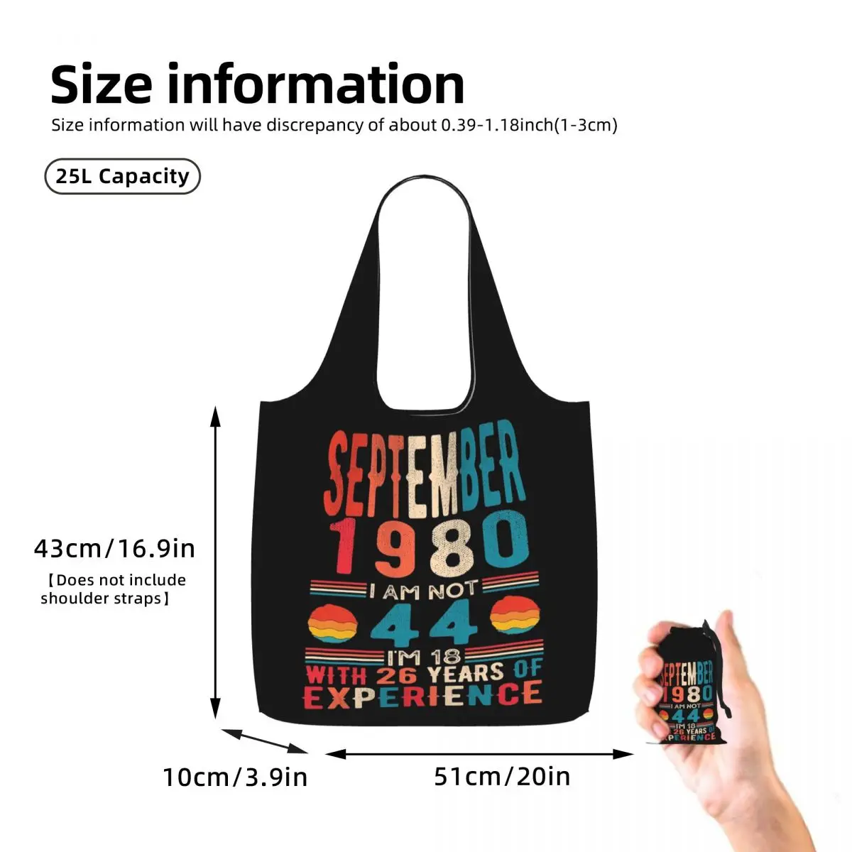 September 1980 I Am Not 44 I'm 18 With 26 Years Of Experience Shopping Tote Bag Canvas Shoulder Bags Shopper Grocery Handbag