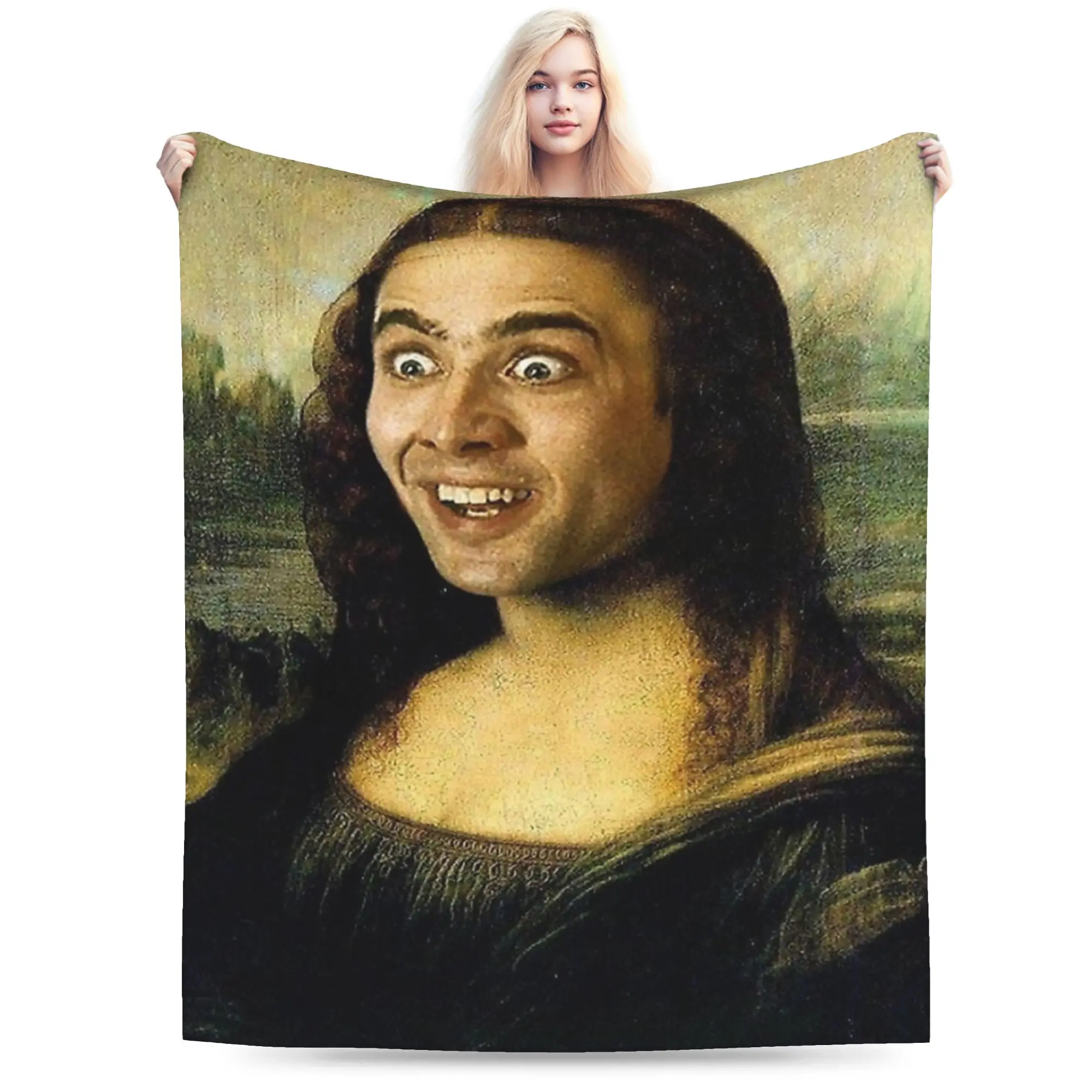 نيكولاس كيج كما الموناليزا البطانيات الصوف الربيع/الخريف المحمولة خفيفة الوزن رمي بطانية للمنزل سيارة المفرش